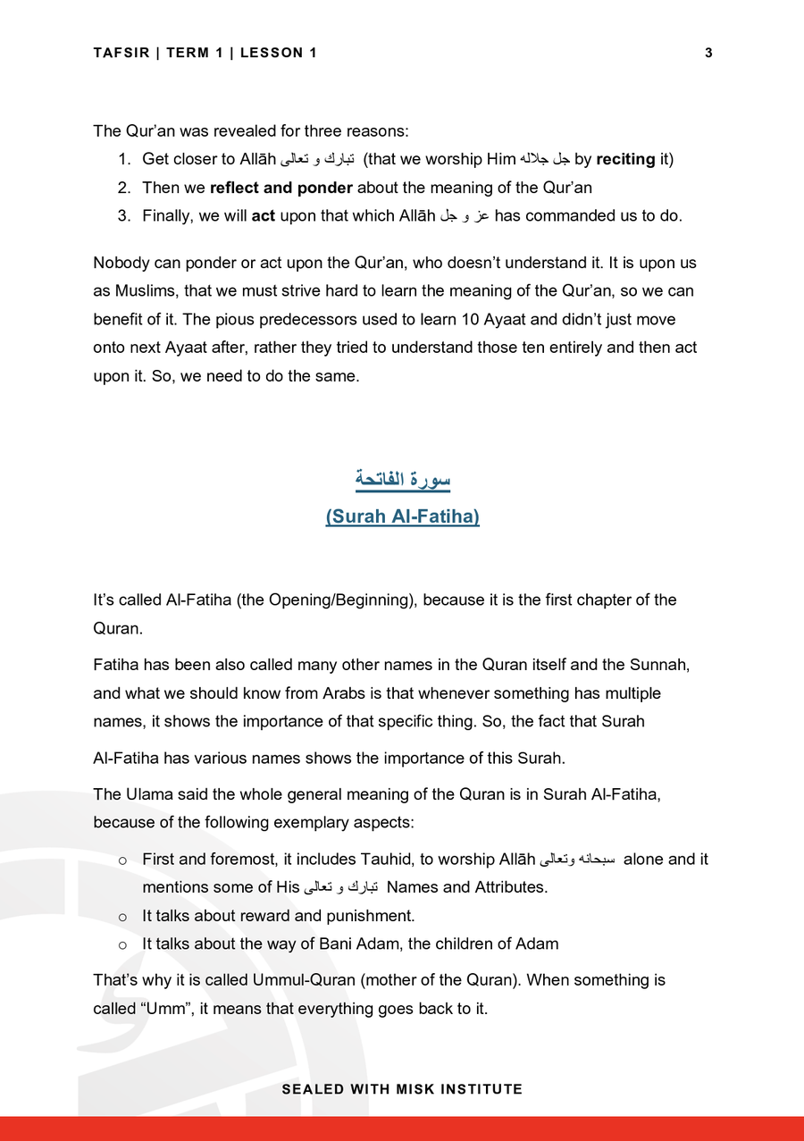 Misk Programme notes — Tafsīr, Term 1, Lesson 1, Sūrah al-Fātiḥah